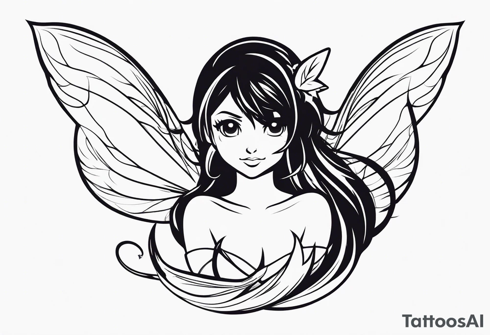 A fairy with a tail inspired by the logo of the show called Fairy Tail in a fetal position leaning in tattoo idea