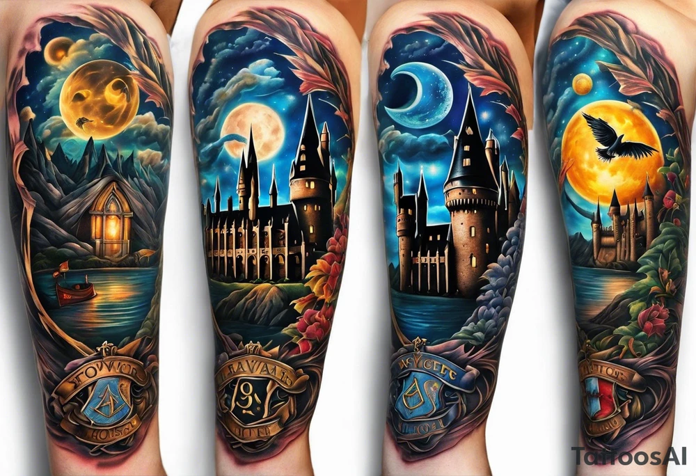 Harry Potter themed full sleeve. Include the Hogwarts castle, a golden snitch, the flying ford angler, the Ravenclaw house crest, and Luna Lovegood. tattoo idea