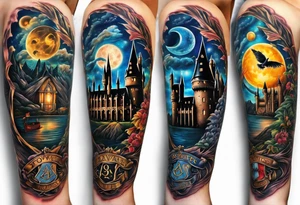 Harry Potter themed full sleeve. Include the Hogwarts castle, a golden snitch, the flying ford angler, the Ravenclaw house crest, and Luna Lovegood. tattoo idea