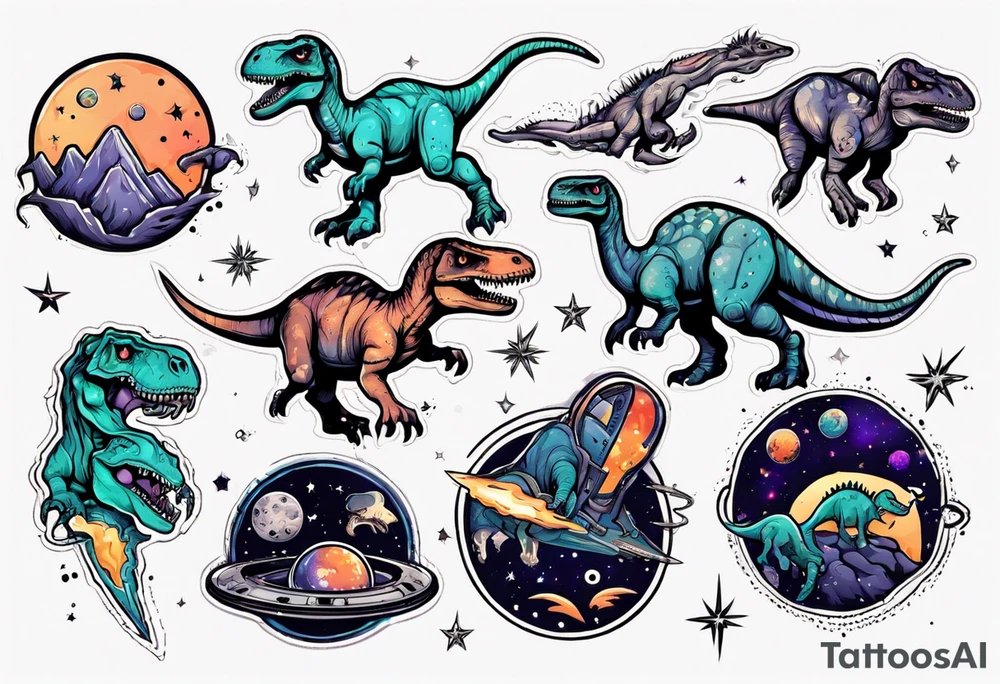 space themed with dinosaurs tattoo idea