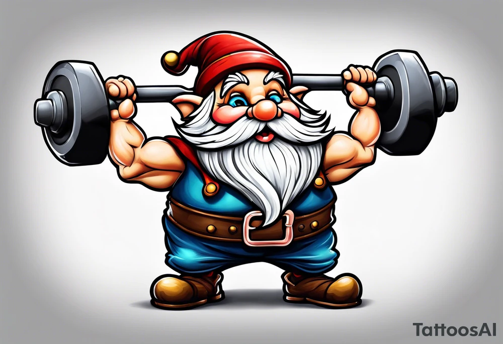 Strong old gnome lifting dumbells tattoo idea