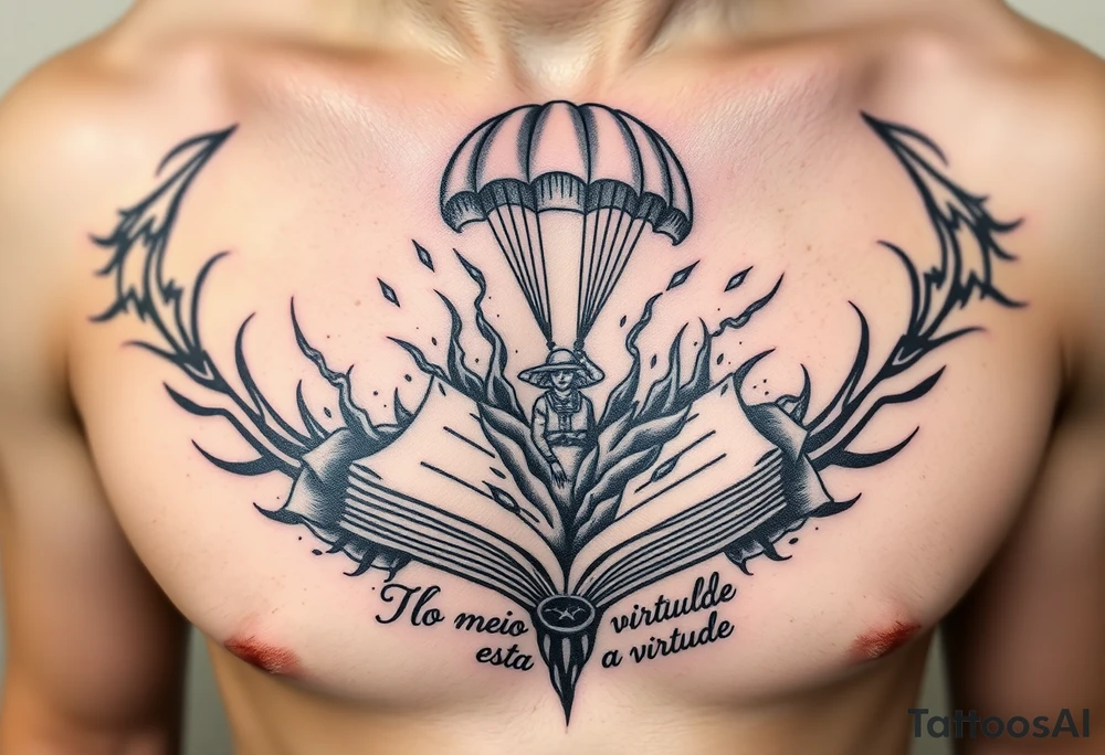 A parachuting soldier landing into an open book. Chaos surrounding, but the book is protecting the soldier from it. On the chest. Make the tattoo smaller. Make it thought provoking. "No meio esta a virtude" underneath the book. Make the chaos in the environment be a thunderstorm tattoo idea