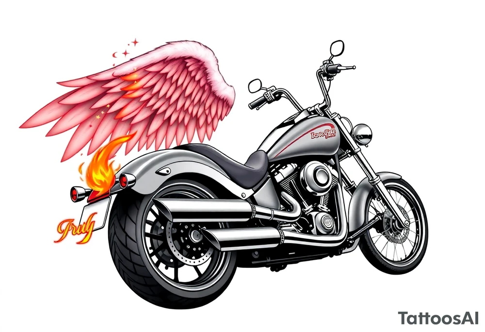 Low rider grey motorcycle, big muffler pipes with flames, angel wings, driving away, no person tattoo idea