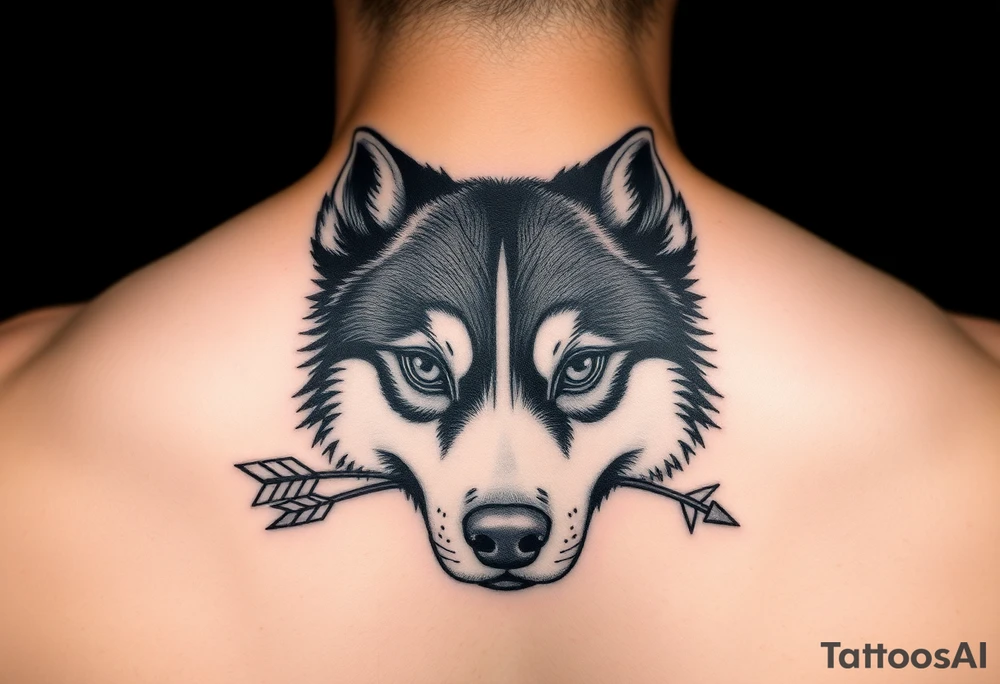 create a tatto of the face of a female husky looking at a half a moon with a arrow crossing tattoo idea
