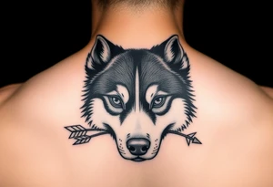 create a tatto of the face of a female husky looking at a half a moon with a arrow crossing tattoo idea