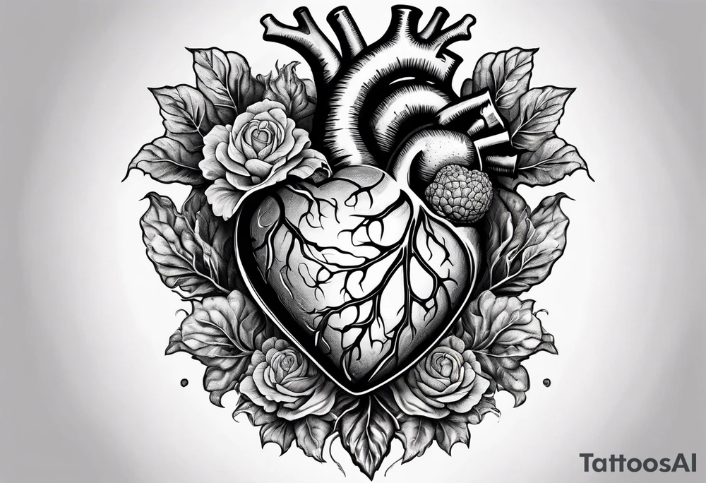 Manly Human heart intertwined with cabbage leaved tattoo idea