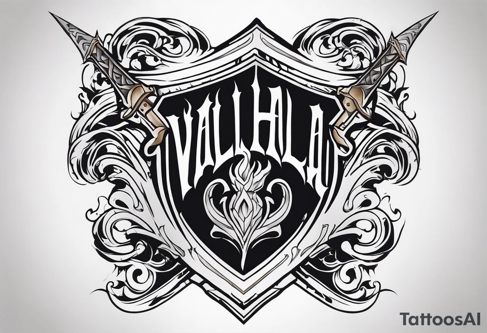 Valhalla flames shield sword tattoo idea