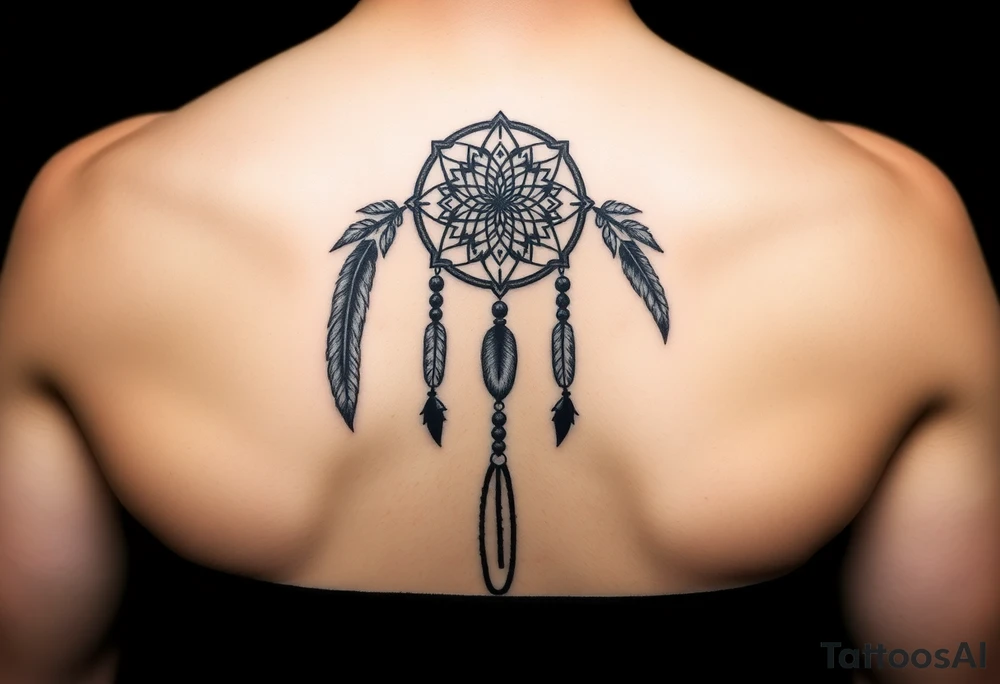native dreamcatcher with flowing feathers and sacred beads tattoo idea