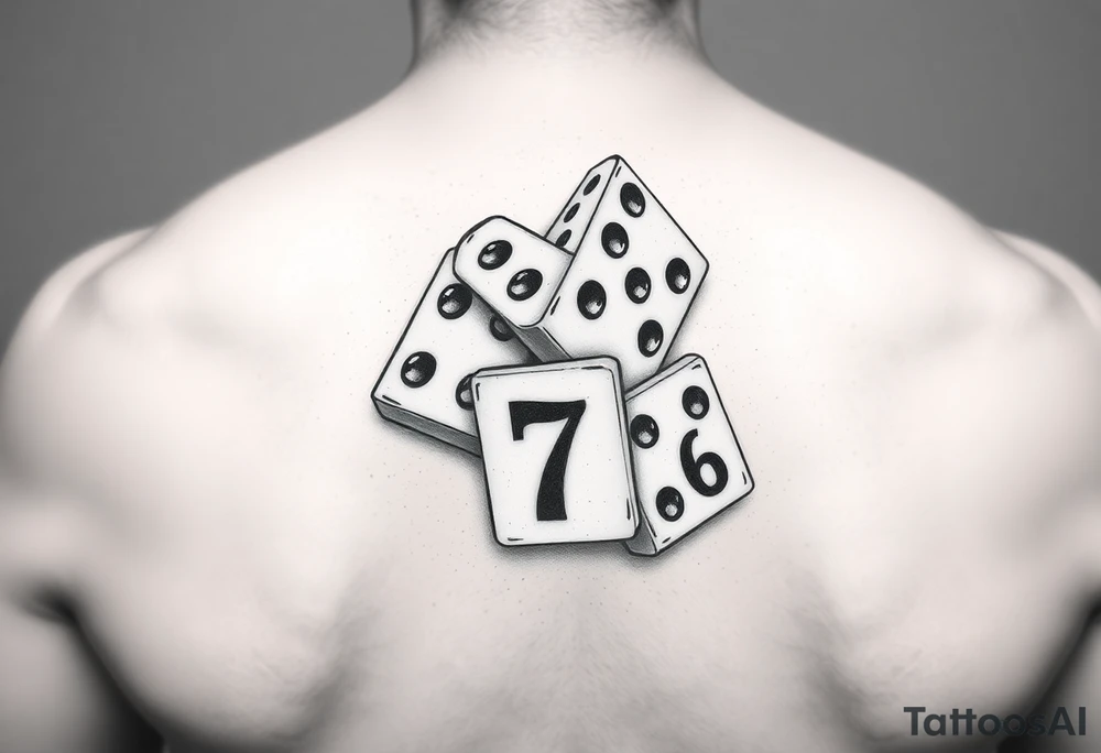 Three realisticdomino tiles falling onto each other like in the game, showing the pips 8, 7, and 6. tattoo idea