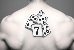 Three realisticdomino tiles falling onto each other like in the game, showing the pips 8, 7, and 6. tattoo idea