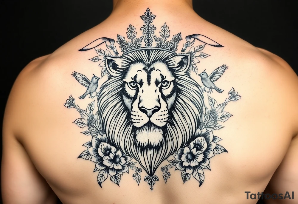 powerful majestic lion with a crown, surrounded by floral ornaments and birds tattoo idea