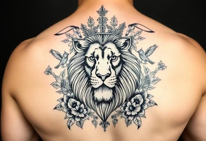 powerful majestic lion with a crown, surrounded by floral ornaments and birds tattoo idea