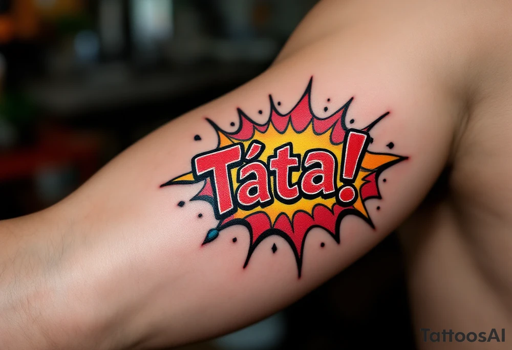 A comic-book style “Táta!” bubble in red and yellow with inside. tattoo idea