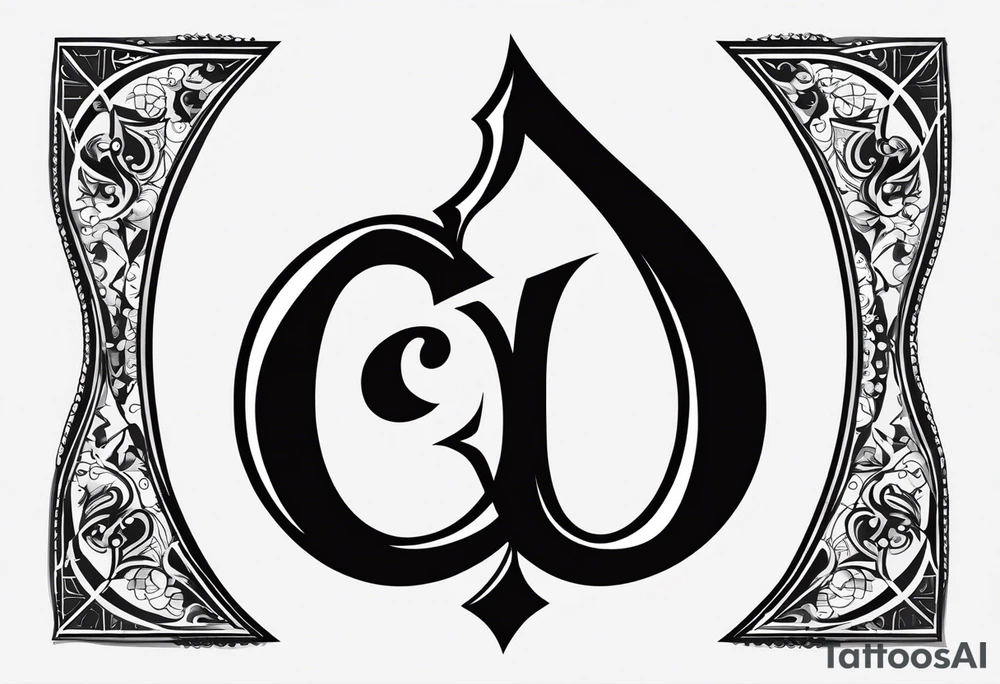 This image shows a spade symbol (similar to the spades in a deck of playing cards), with a white uppercase letter "Q" in the center. tattoo idea