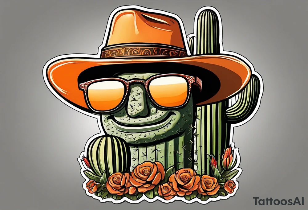 Saguaro cactus with two arms and a clever face, wearing an orange cowboy hat, wearing sunglasses, and a cigarette dangling from his mouth tattoo idea