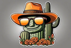 Saguaro cactus with two arms and a clever face, wearing an orange cowboy hat, wearing sunglasses, and a cigarette dangling from his mouth tattoo idea