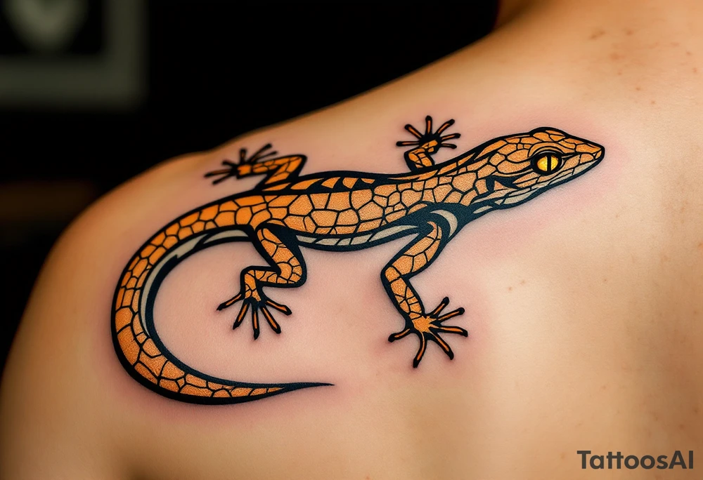 Tribal desert lizard with cracked earth texture – A sleek, agile lizard in motion, designed with tribal curves and sharp angles along its spine. Its skin mimics the pattern of sunbaked, cracked earth, blending tones of burnt orange, dusty brown, and charcoal black. The tail coils elegantly, forming a spiral, while the eyes gleam in golden yellow, symbolizing survival, transformation, and primal instincts. tattoo idea
