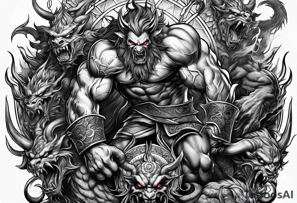 male fighting demons tattoo idea