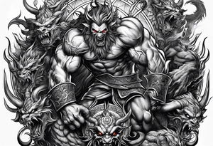 male fighting demons tattoo idea