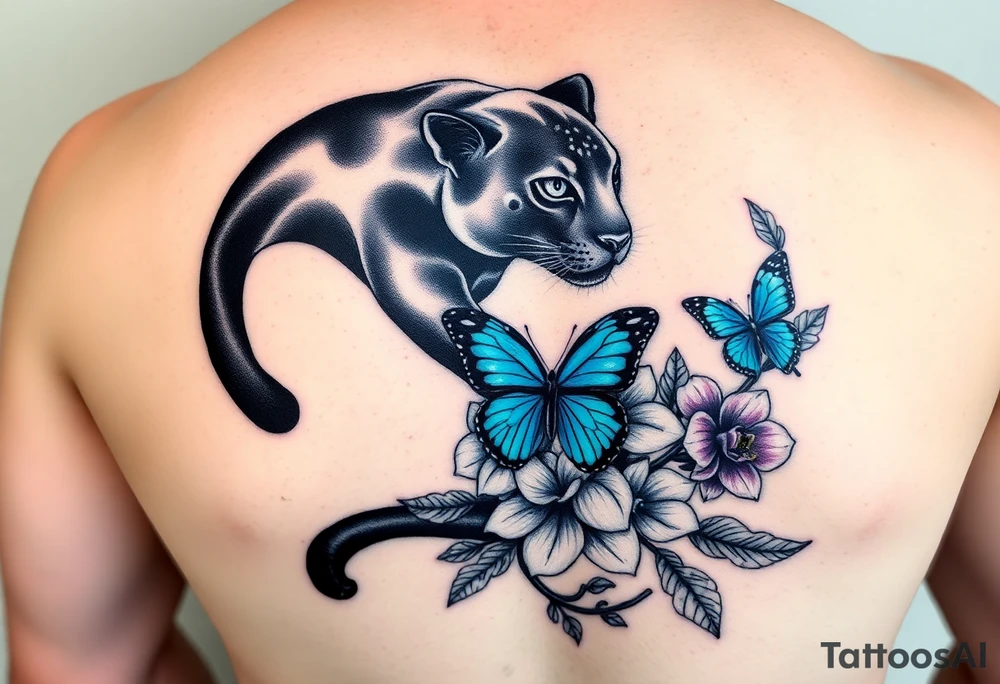 "Realistic black panther curved along ribs, Gemini constellation in eyes, monstera leaves on chest, blue morpho butterfly on orchid near collarbone, jungle vines wrapping legs – color palette: emerald, indigo, turquoise, plum – 10x7 inches" tattoo idea