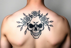 ornate skull adorned with crown of wild roses and thorns tattoo idea