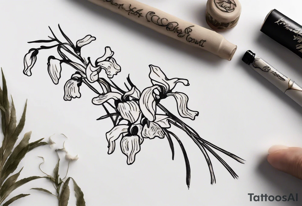 Create a small Vincent van Gogh art tattoo. The intended placement is on the upper chest. The overall design should be small in size while maintaining a delicate and artistic aesthetic. Pay attention to the graceful flow of the vines and the placement of the irises to achieve a refined and elegant look. tattoo idea