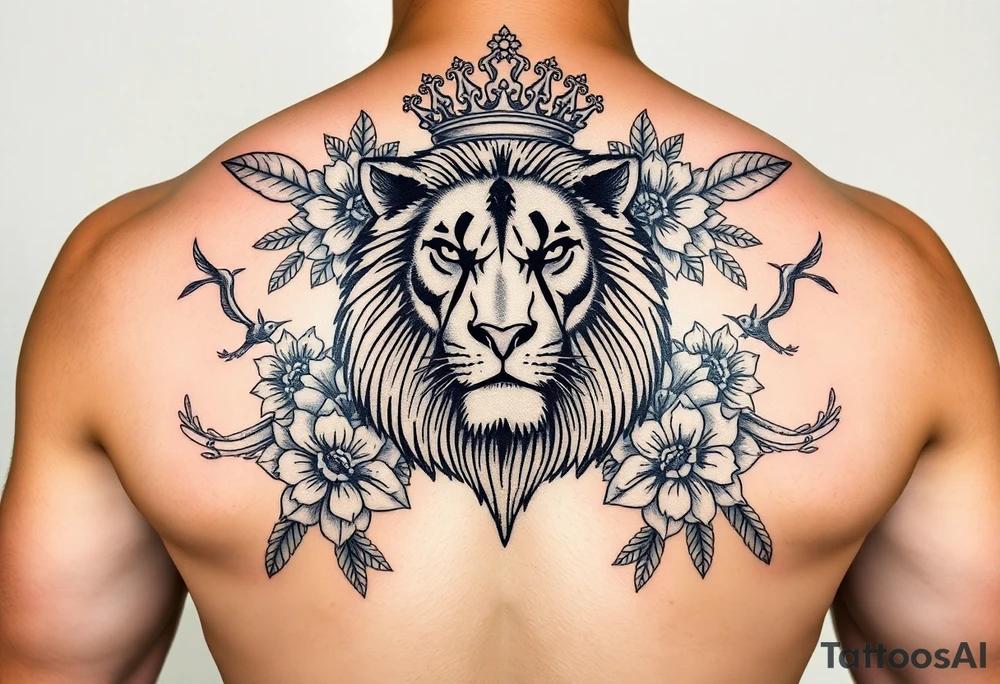 powerful majestic lion with a crown, surrounded by floral ornaments and birds tattoo idea