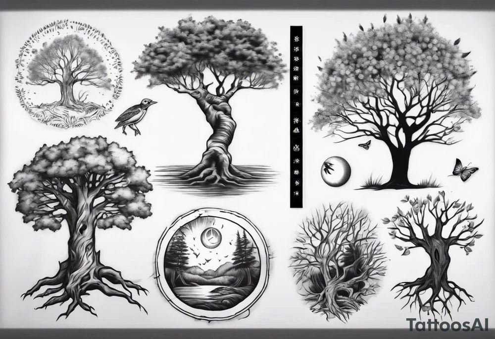 Small spring beside a oka tree plus sun in the tree trunk tattoo idea