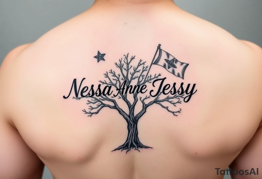 the name Nessa, Anne, Jessy as flags on a live tree tattoo idea