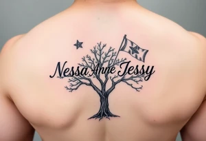the name Nessa, Anne, Jessy as flags on a live tree tattoo idea