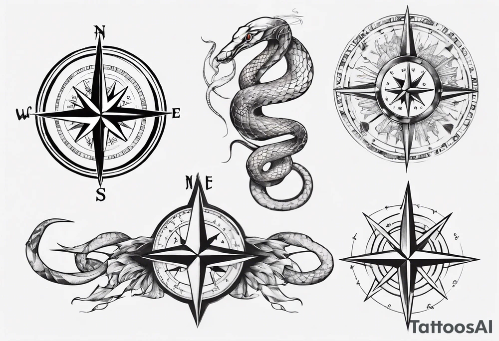 Compass tatoo with snake and gemini tattoo idea