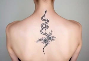 generate a spine tattoo with a snake wrapping around the spine and light florals tattoo idea