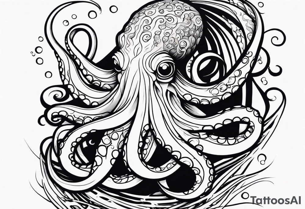 Tribal half sleeve. octopus surrounded by ribbons of water waves filled with fish. the octopus has no eyes. Use thick lines only with less detail. tattoo idea