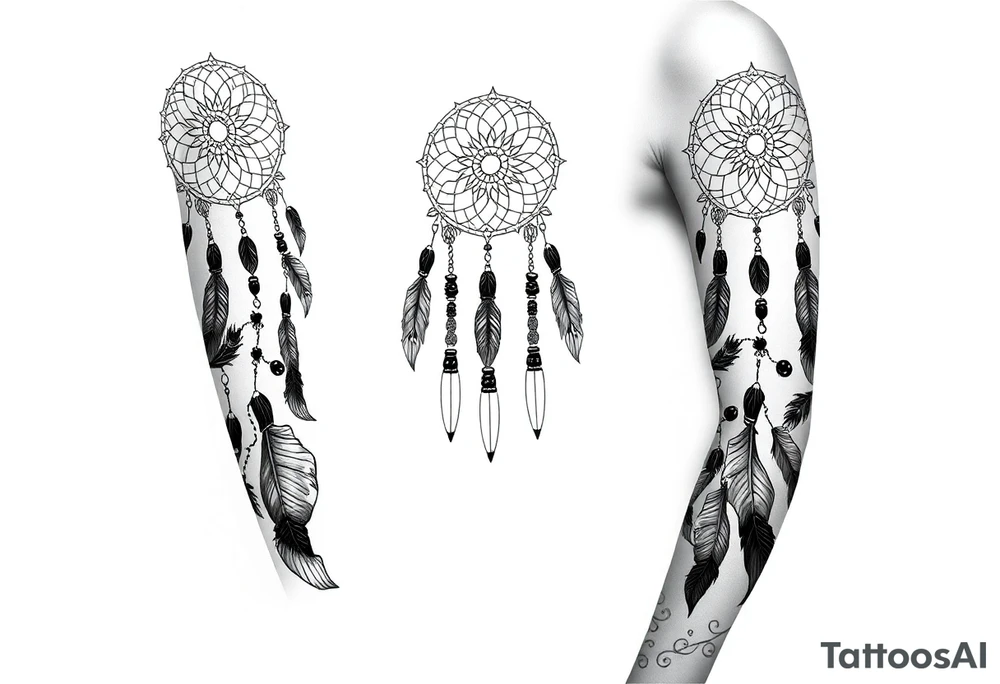 native dreamcatcher with flowing feathers and sacred beads tattoo idea
