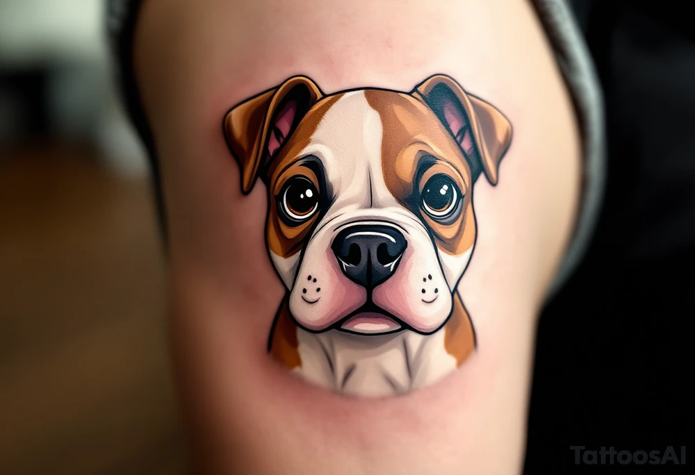 Cartoon Staffordshire Bull Terrier – A cute, exaggerated version with big eyes and floppy ears, shaded in light brown and creamy white, playful and sweet. tattoo idea