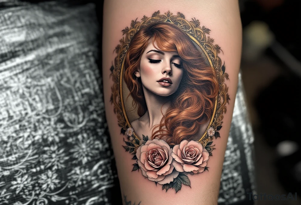 Alfons Mucha’s graceful woman with flowing auburn hair, framed by ornate golden floral patterns and soft pastel roses. tattoo idea