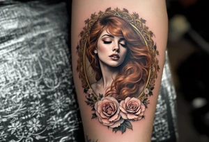 Alfons Mucha’s graceful woman with flowing auburn hair, framed by ornate golden floral patterns and soft pastel roses. tattoo idea