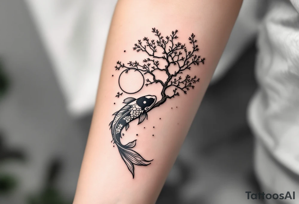 sakura tree, a moon, a koi fish with line work tattoo idea