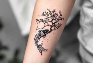 sakura tree, a moon, a koi fish with line work tattoo idea