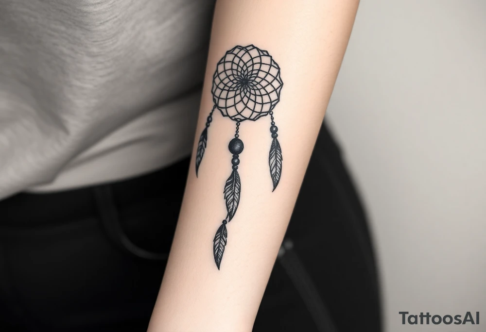 native dreamcatcher with flowing feathers and sacred beads tattoo idea