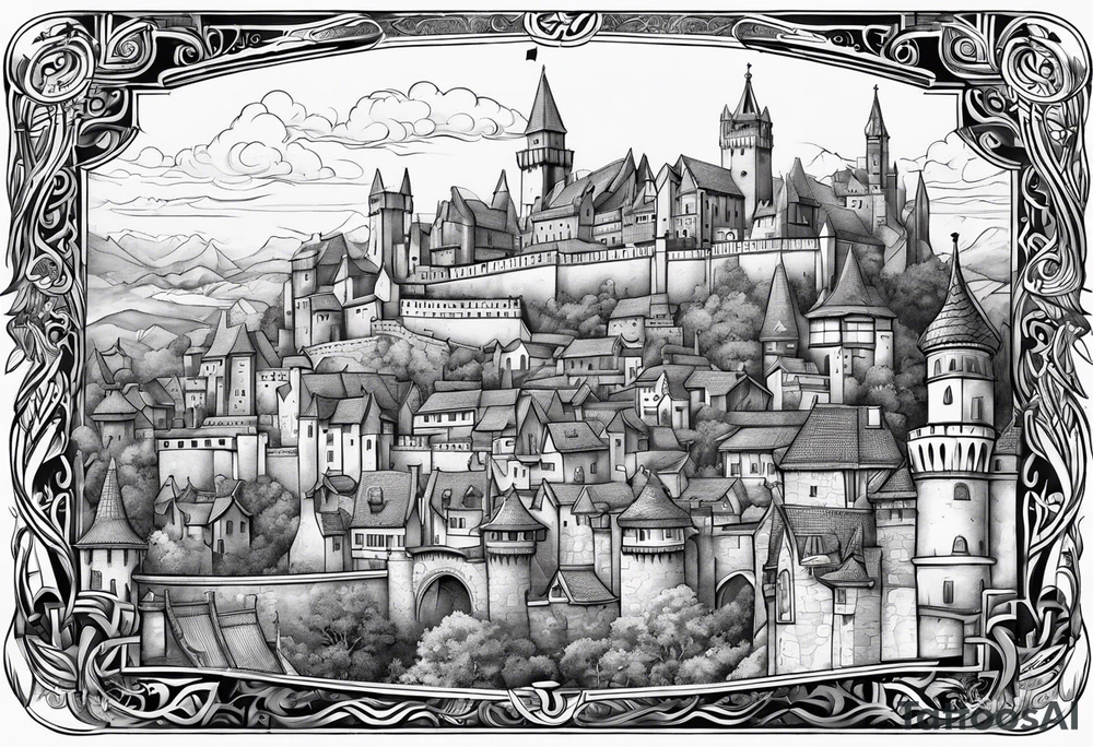 medieval tribal city vignette tattoo idea