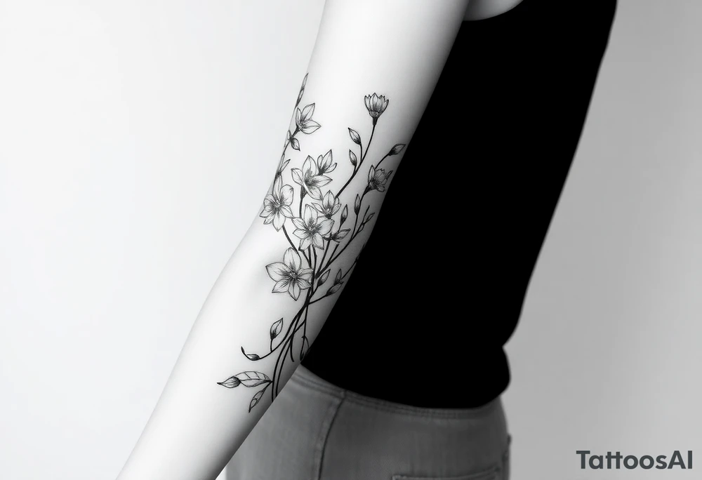 starting from a band mid forearm, sleeve of narcissus flowers and holly flowers going up the arm tattoo idea