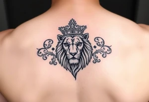 majestic lion wearing ornate crown, surrounded by baroque flourishes tattoo idea