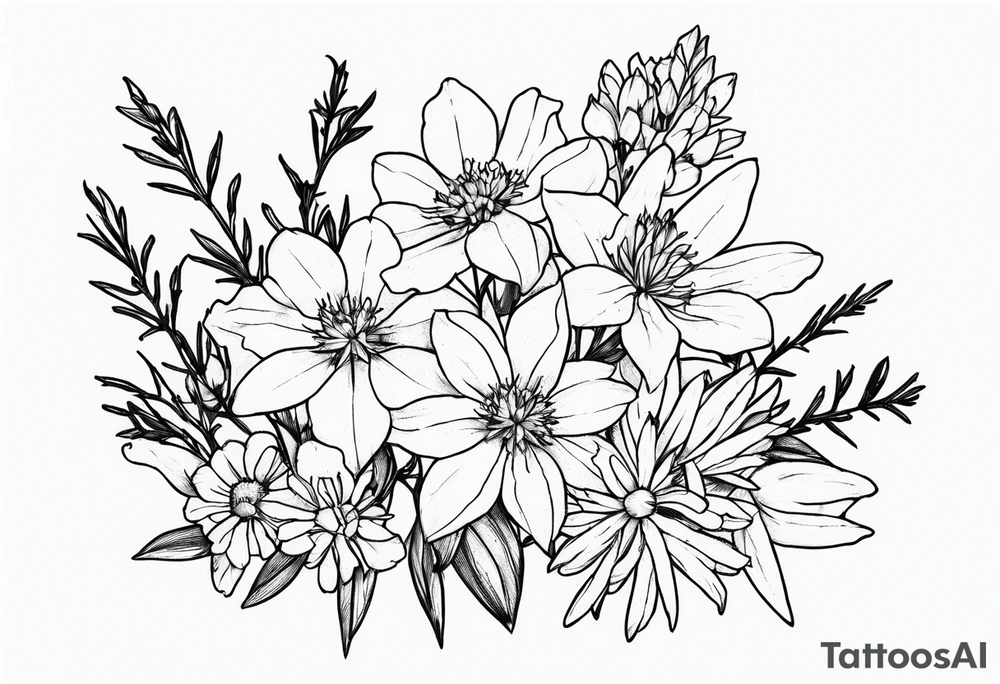 Larkspur and aster bouquet tattoo idea