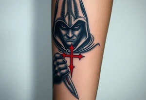 A hooded Templar assassin, hidden in the shadows, gripping a dagger, with the faint outline of a red cross glowing on his cloak tattoo idea