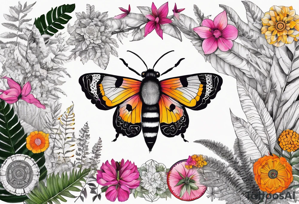 Botanical garden with ferns, black, white, green, orange, yellow, pink, Fuschia, Madagascan  moth, bee, mandalas, colorful, boho tattoo idea