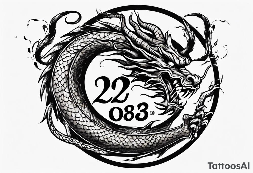 Chinese dragon in a circular shape with "02.03" written on its skin tattoo idea