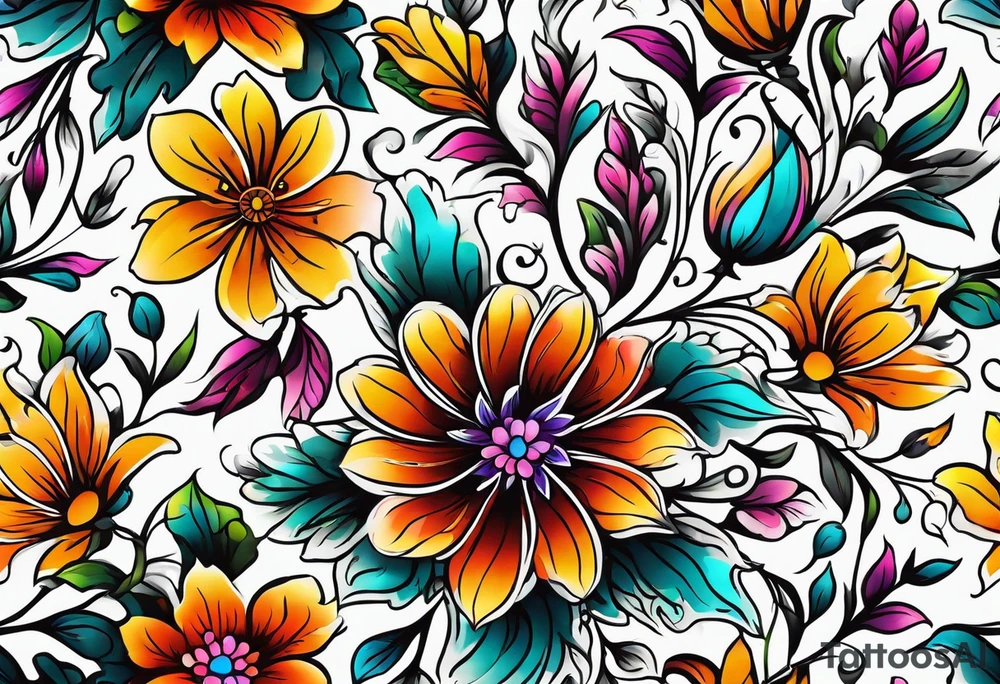 FLORAL PATTERN, SEEMLESS, BRIGHT, NEONS, COLORFUL tattoo idea