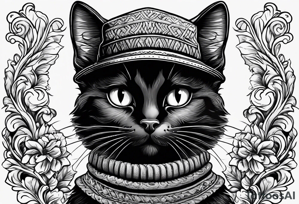 black cat with a funny hat and a sweater tattoo idea
