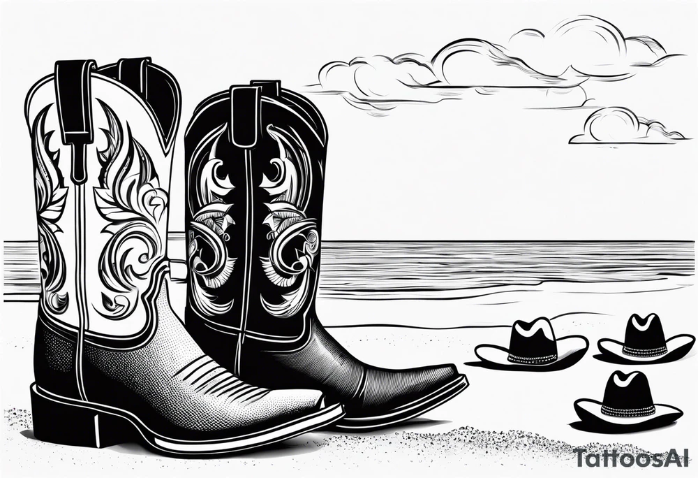 A pair of mens boots, a pair of womens flip flops and a cowboyhat on the Beach. Keep it simple tattoo idea